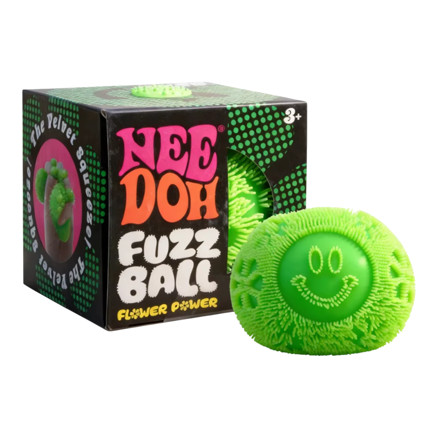 Squish Planet NeeDoh Fuzz Ball Flower Power fidget toy, a bright green fuzzy ball with a smiley face.